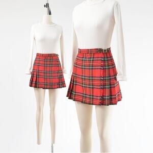 Vintage 80s Red Tartan Plaid Wool Pleated Kilt Mini Skirt size XS S